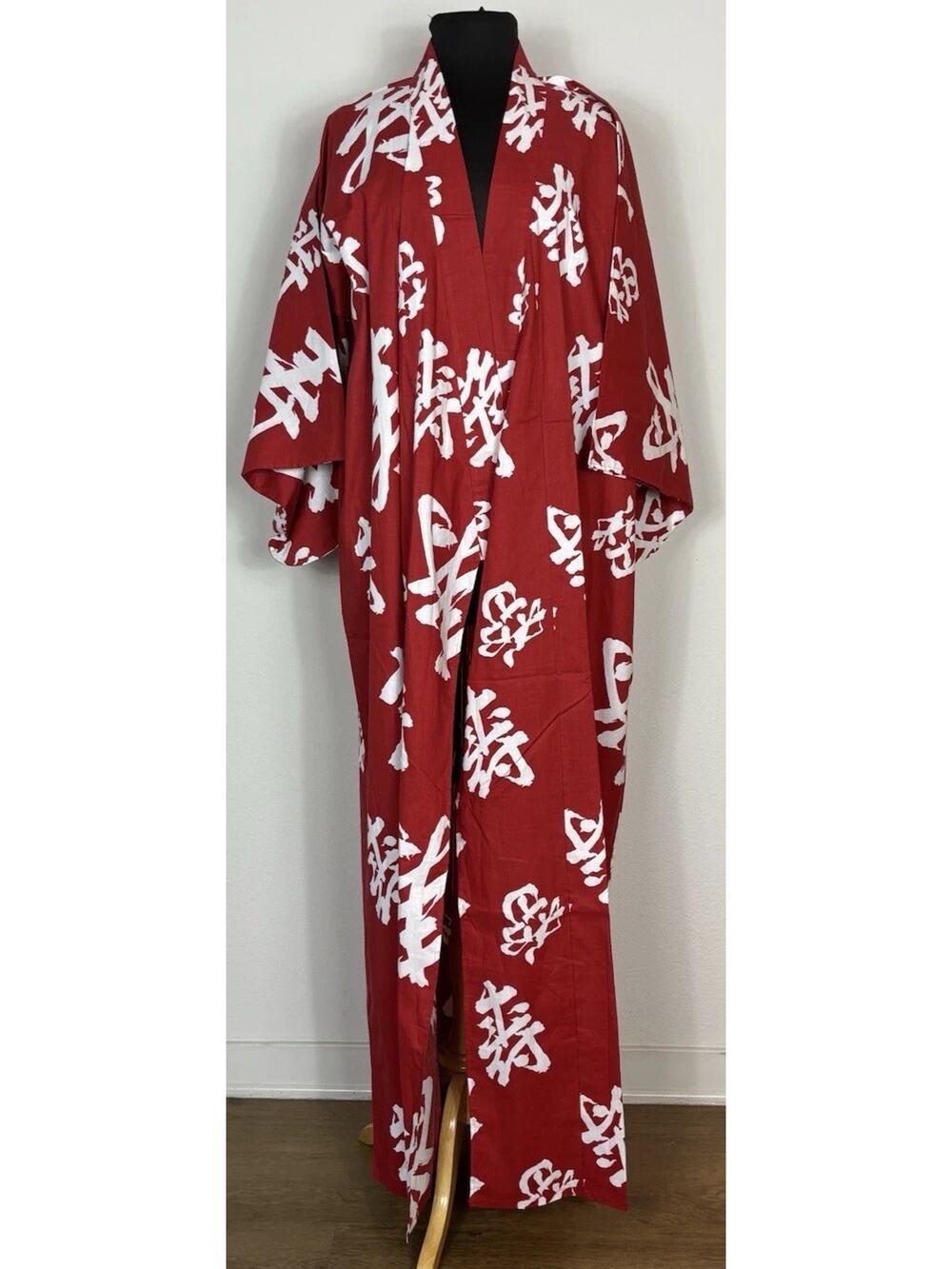 Sakurai Shoji Japanese Kimono Robe Duster Cotton Red Yukata Kanji Unisex Sz L